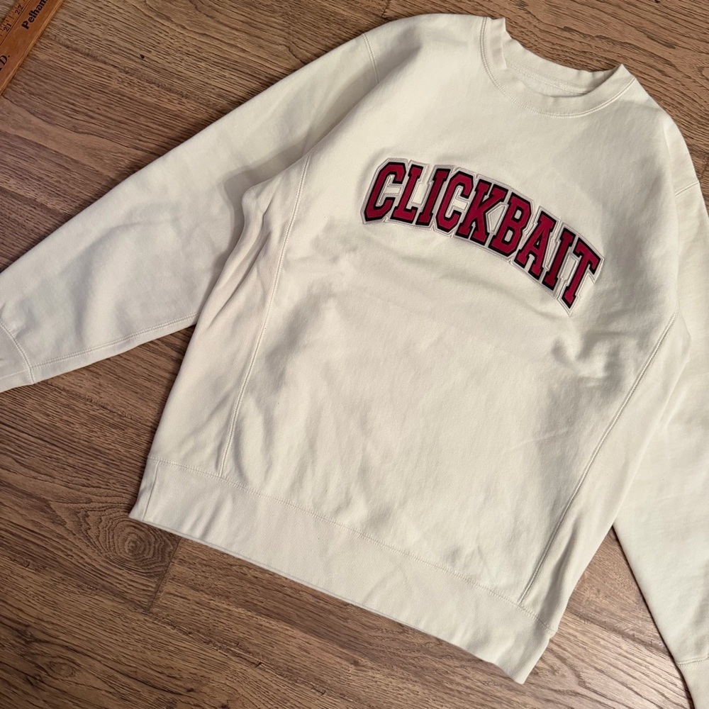 David Dobrik Clickbait FanJoy Cream Crewneck Pullover Sweater Mens Large EUC - Picture 2 of 8